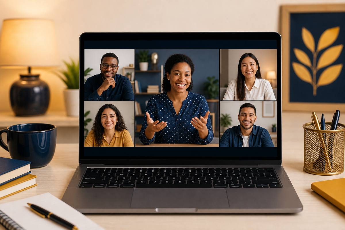 Illustration of students participating in an online English class