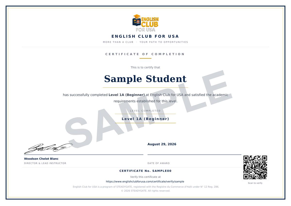 Sample English Club for USA certificate showing its verification QR code and official layout