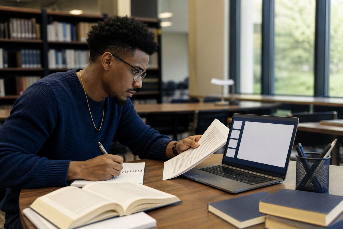 Student reading, taking notes, and preparing an academic presentation