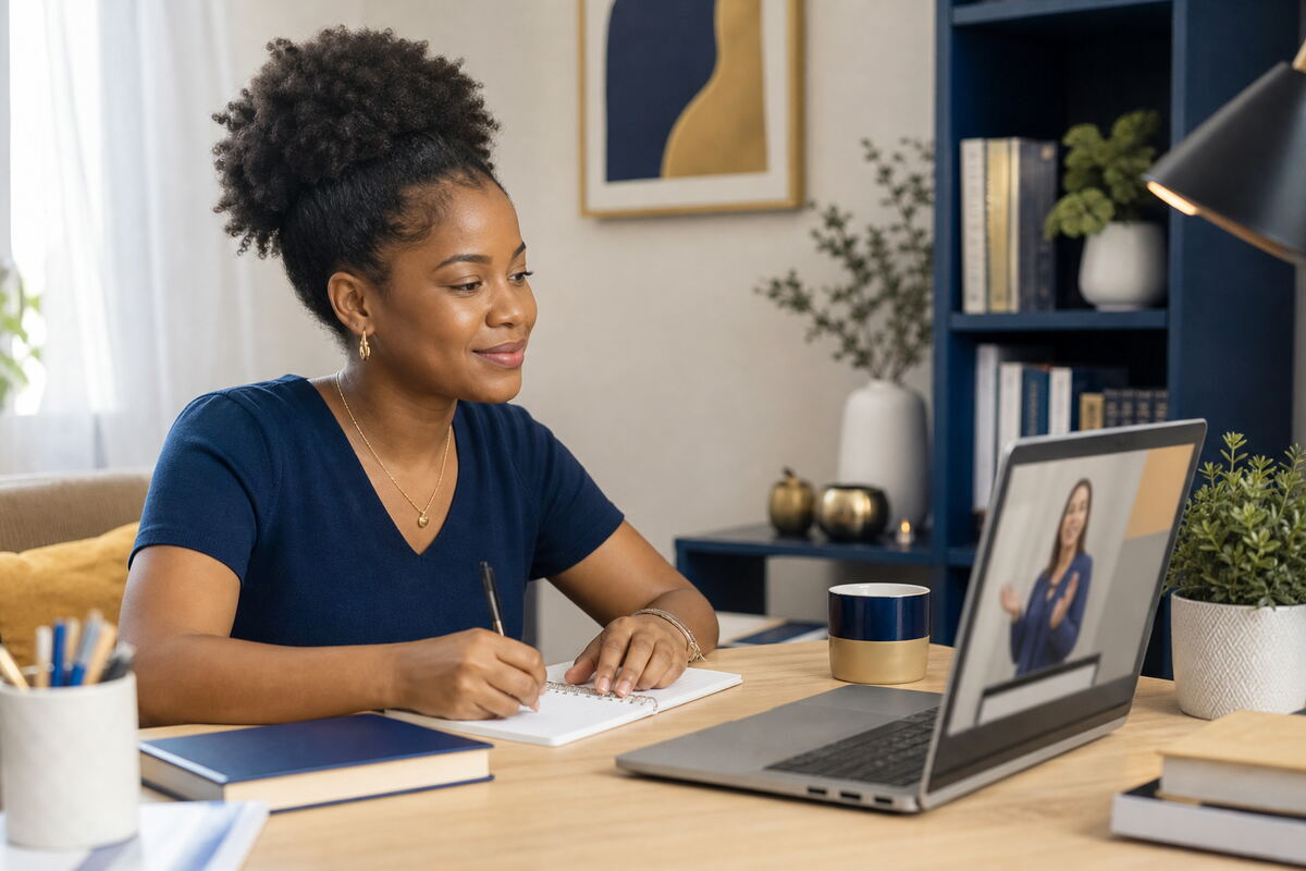 Adult learner building basic English vocabulary during an online lesson
